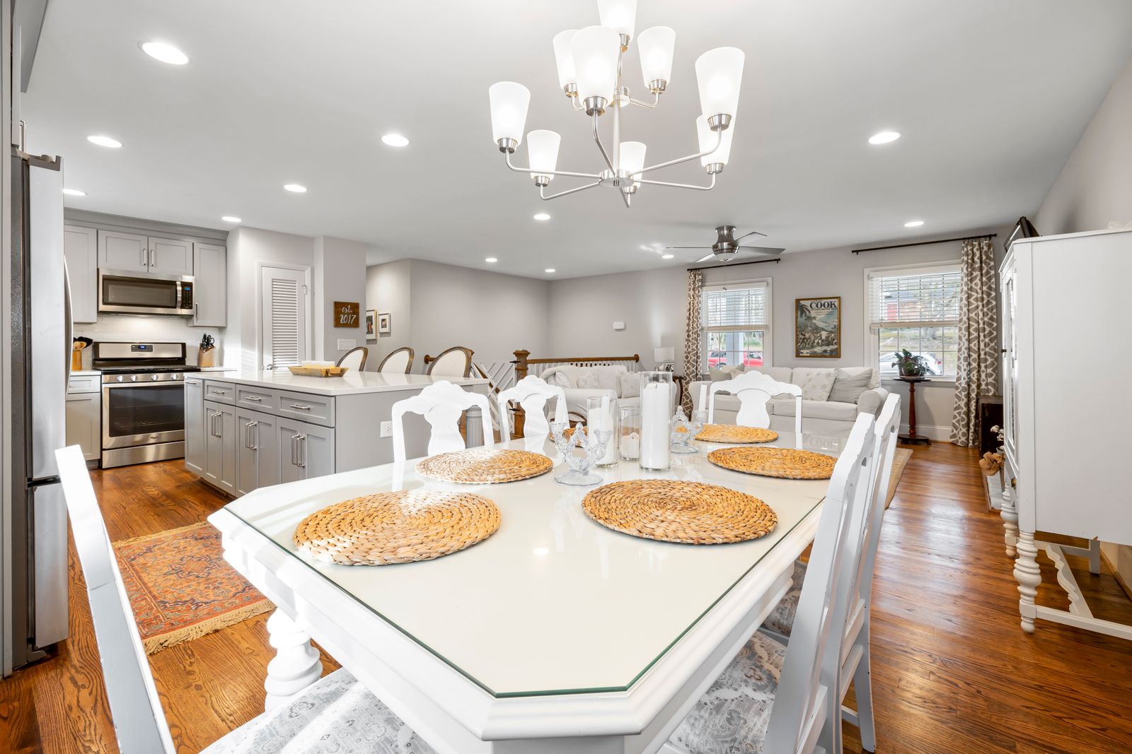 A clean dining table in a bright room
